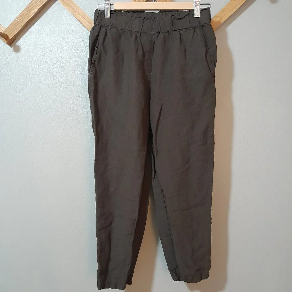 H&M Paper Bag Waist Straight Leg Linen Blend Brown Pants Size 4